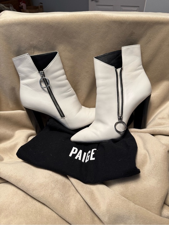 PAIGE Shoes - PAIGE White Leather “Katie” Pointed Ankle Zip Booties with Ring Pull